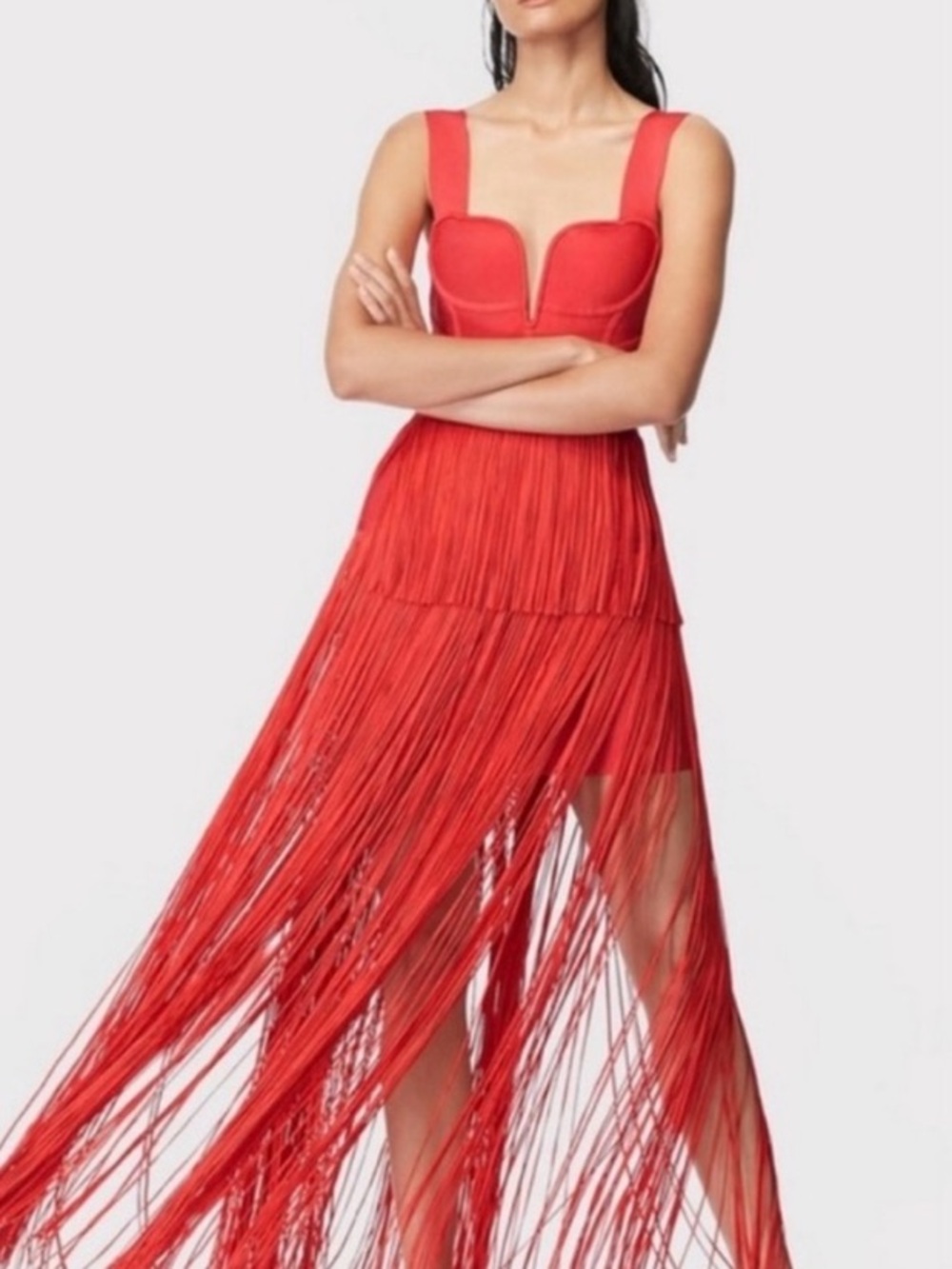 Hervé Léger Red Fringe Maxi Dress with Bustier Couture Cut Neckline